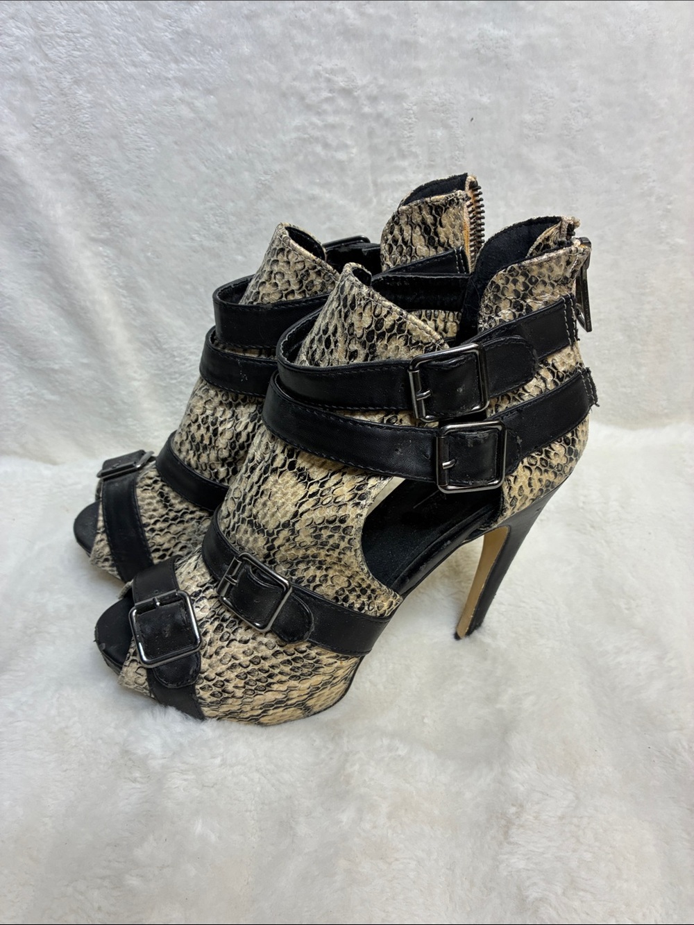 Ann Michell Black and Beige Snake-Print Buckle Stiletto Sandals